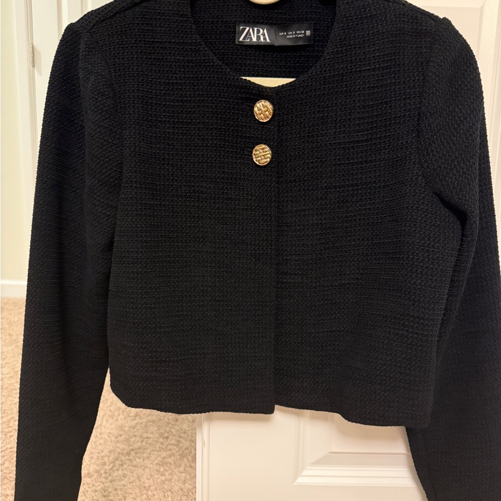 Zara Black Textured Jacket with Gold Buttons